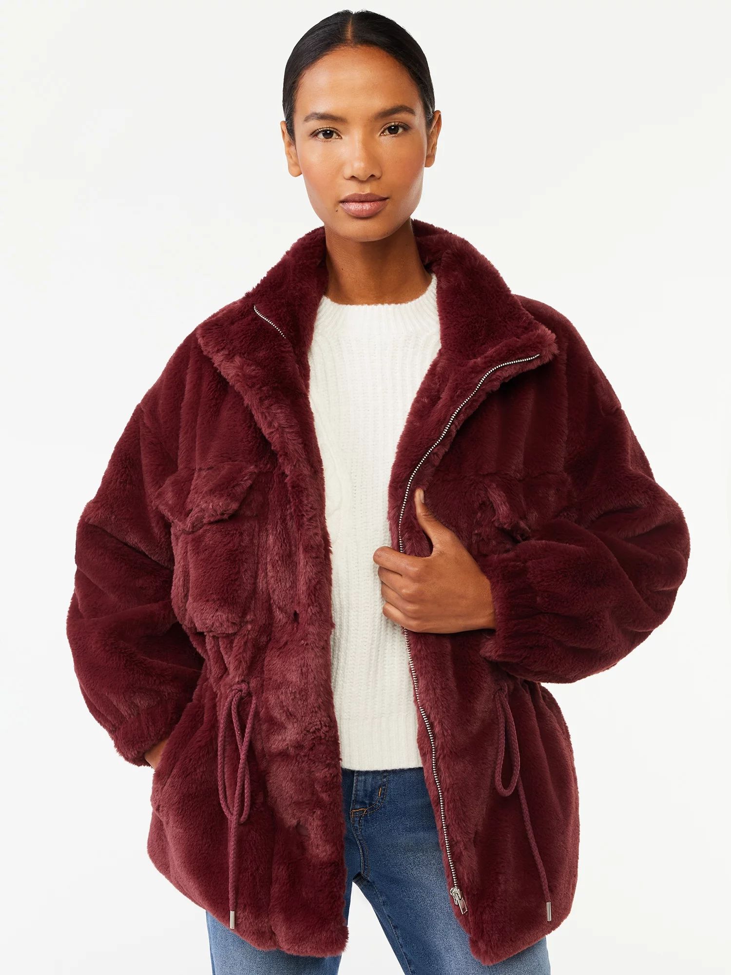 Scoop Women's Faux Fur Oversized Jacket with Cinch Waist - Walmart.com | Walmart (US)