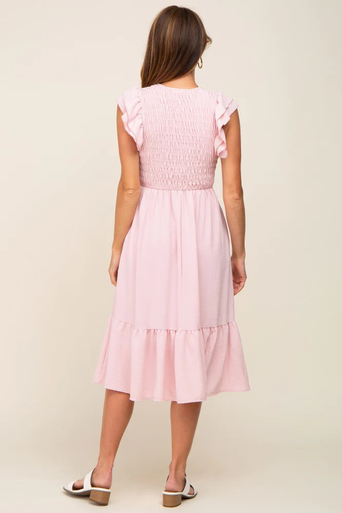 Light Pink Smocked Layered Ruffle Flutter Sleeve Midi Dress | PinkBlush Maternity