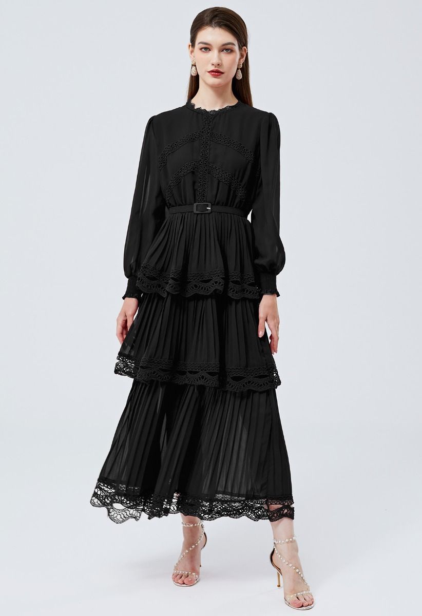 Crochet Lace Pleated Tiered Chiffon Maxi Dress in Black | Chicwish
