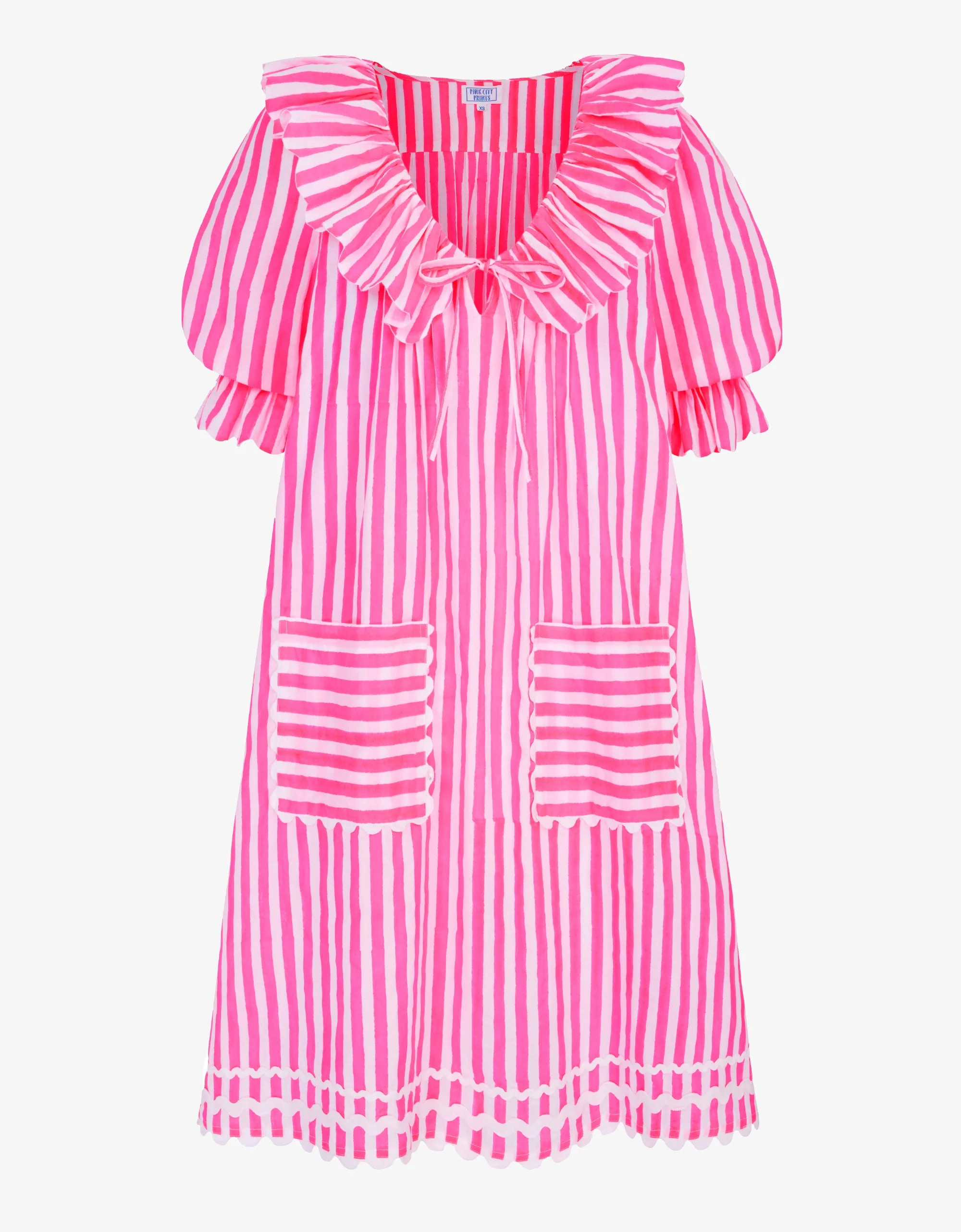 Ava Mini | Neon Pink & White Stripe Dress | Block Print Cotton | Pink City Prints UK
