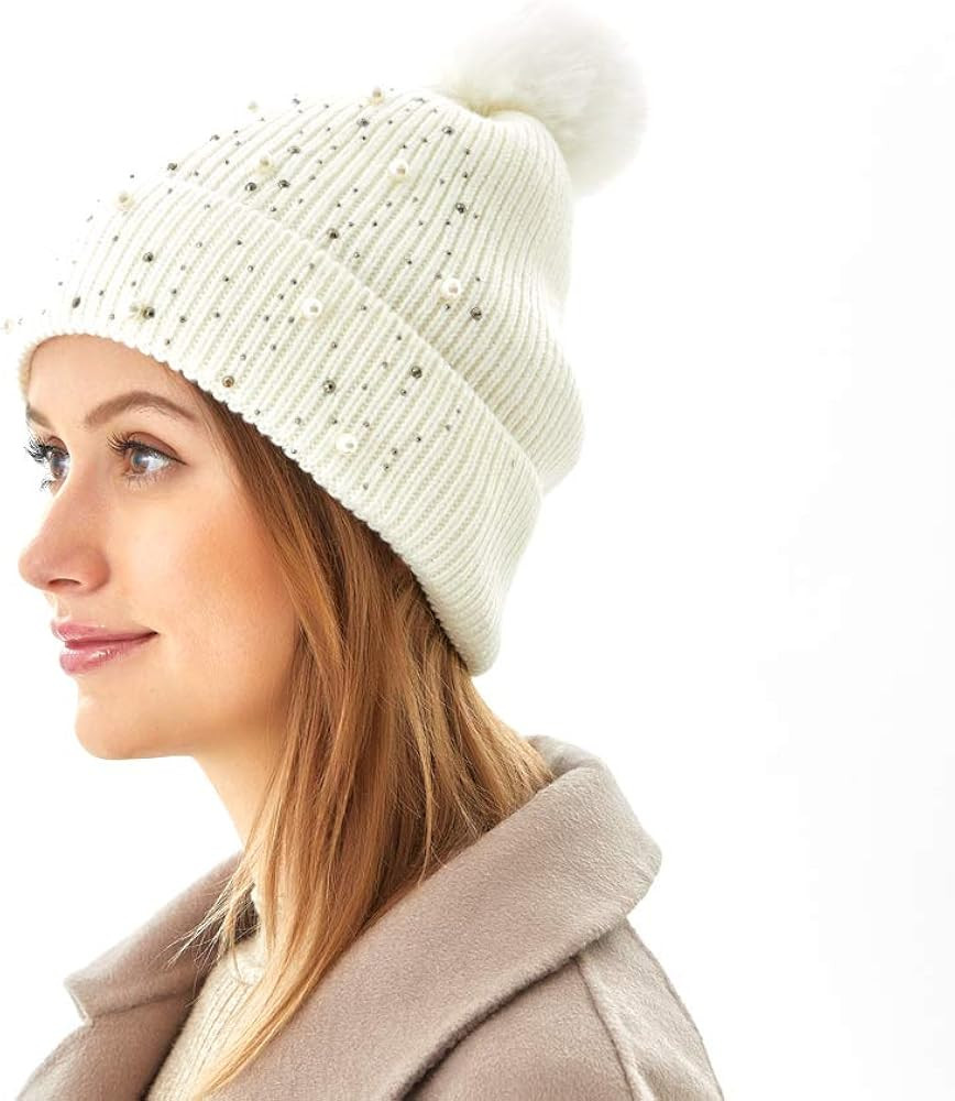 Women Winter Knitted Beanie Hat with Faux Fur Pom Pom Warm Soft Fleece Lined | Amazon (US)