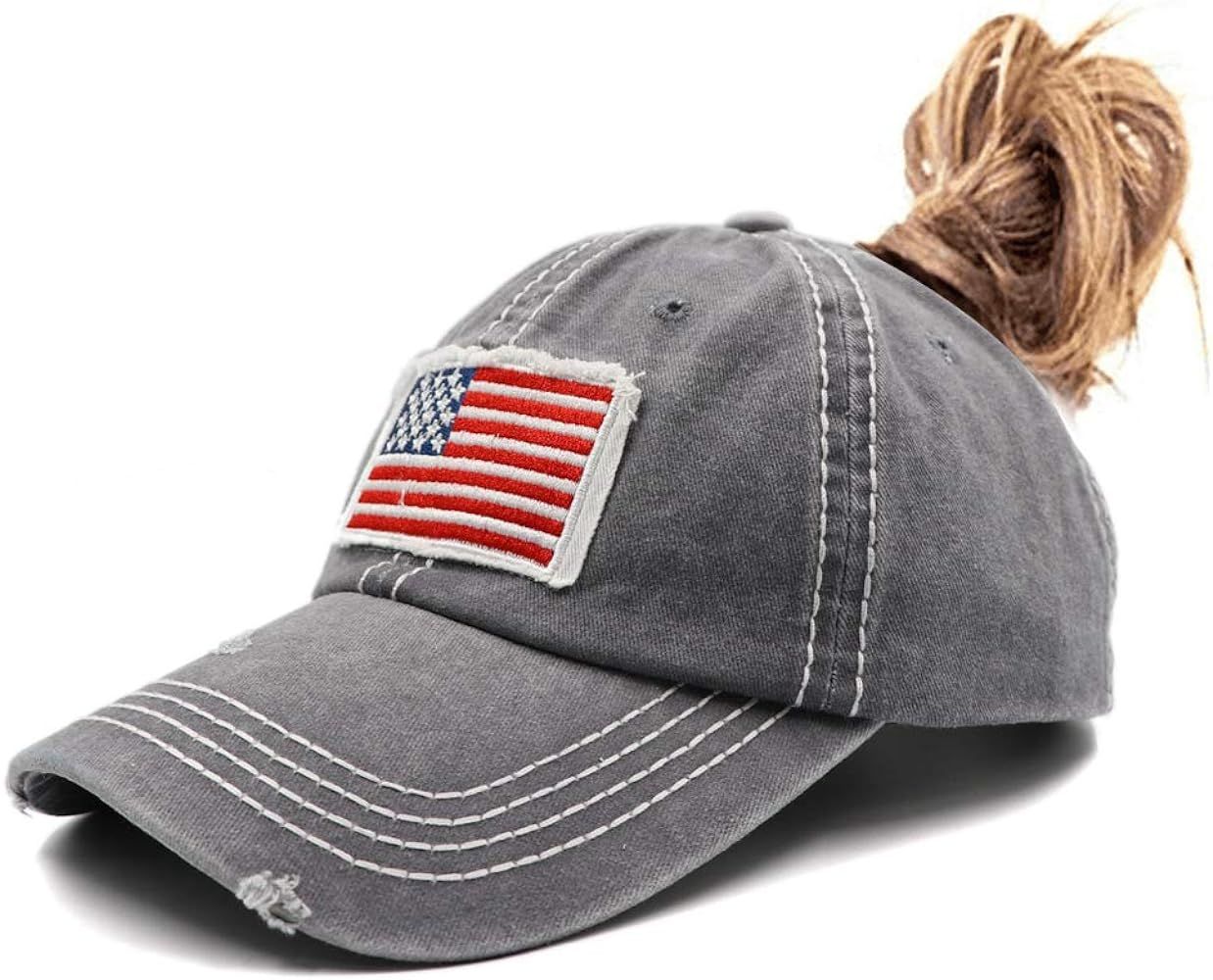 Lvaiz Womens Distressed Ponytail Baseball Caps Low Profile America Flag Messy High Bun Hat Pony D... | Amazon (US)