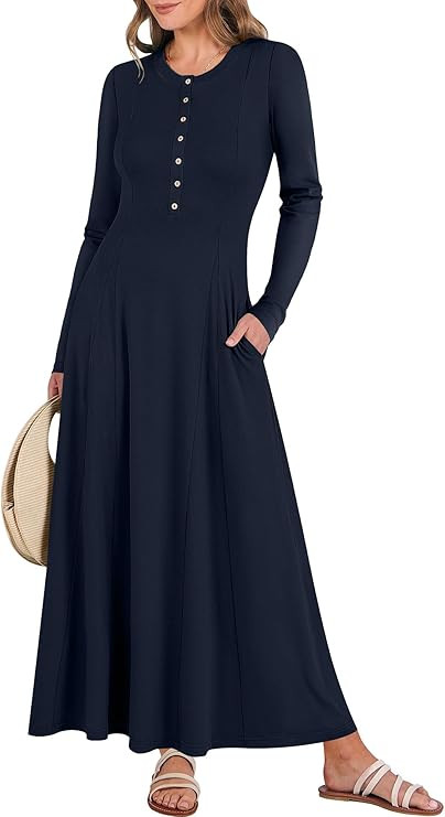 ANRABESS Women's Long Sleeve Maxi Dress 2026 Spring Casual Button Fit & Flare A-Line Swing Flowy ... | Amazon (US)