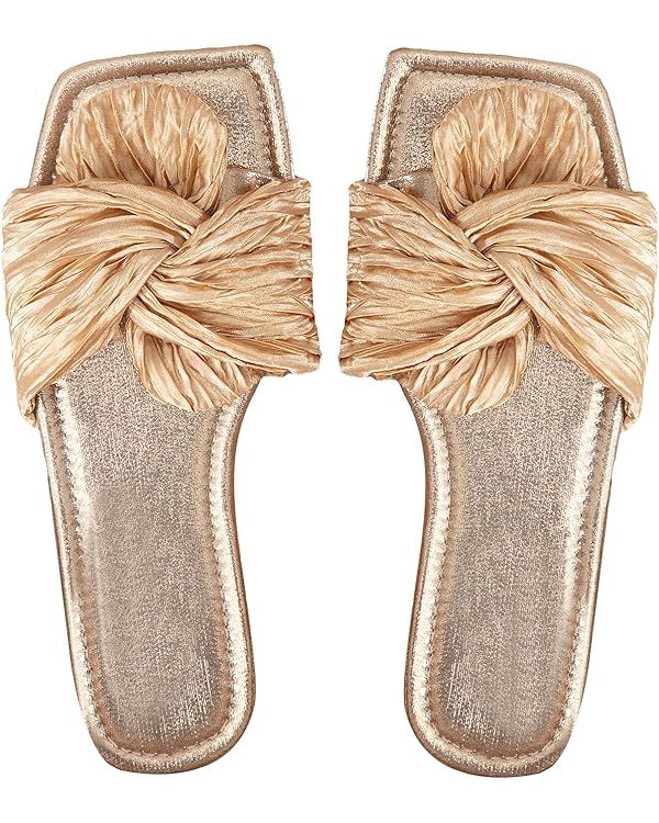 OYOANGLE Women's Metallic Twist Front Open Toe Flat Sandals Fashion Slide Sandals | Amazon (US)