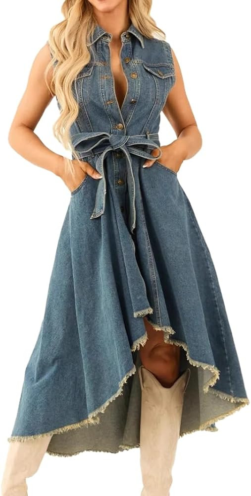 Summer Sleeveless Denim Dress for Women Button Down A-Line High Low Frayed Jean Midi Dresses with... | Amazon (US)