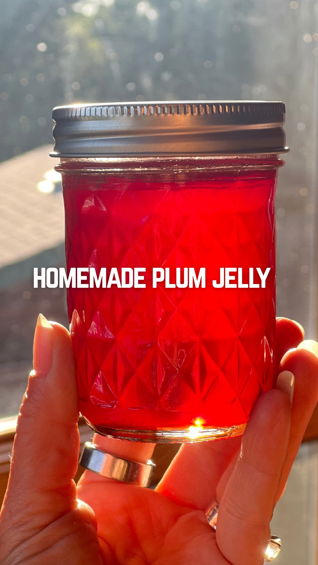 Easy Plum Jelly!
- 6 cups plum juice
- 6 cups sugar
- 1 package Pomona’s Pectin
- 1 Tbsp butter (to reduce foam)

Combine ingredients and boil, stirring frequently. Rolling boil of at least 220*F. Then pour into sterilized jars. Wipe rims. Place flats and bands to finger tight. Water bath can for 5 minutes. Allow to cool for 24 hours on your countertop before storing in a cool, dry place. Lasts for several years on the shelf!

#homestead #canning #foodpreservation #jelly #foodstorage 