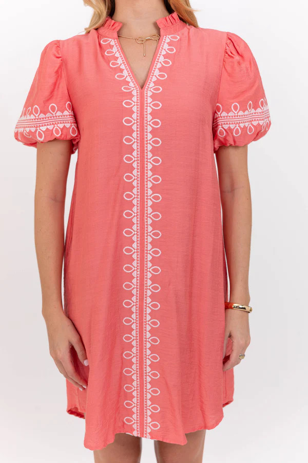 Dear To Me Coral Embroidered Dress | The Mint Julep Boutique
