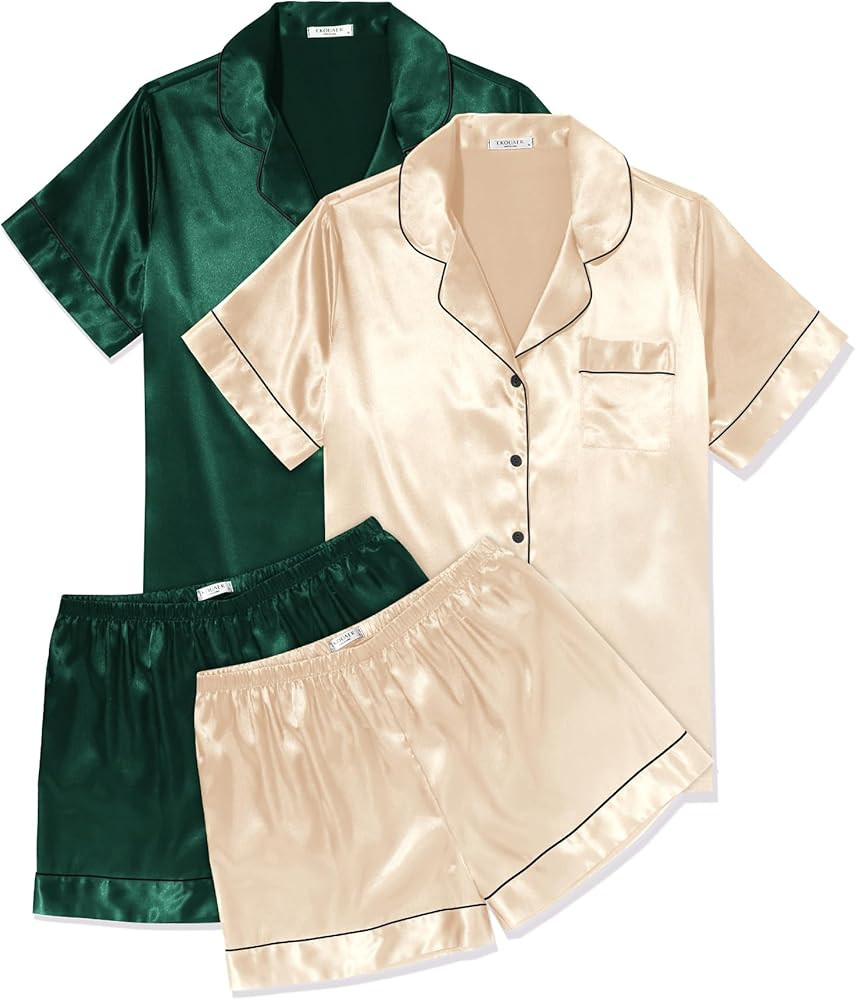 Ekouaer 2 Pack Womens Pajama Sets Silk Satin Short Sleeve Button Down Sleepwear Top and Shorts Pj... | Amazon (US)
