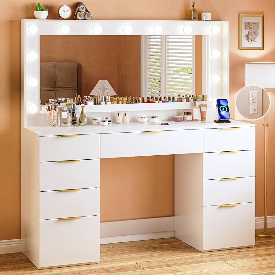 Vanity Desk with Large Mirror and Lights, 45.3in Makeup Vanity with Power Outlet 9 Drawers & Stor... | Amazon (US)