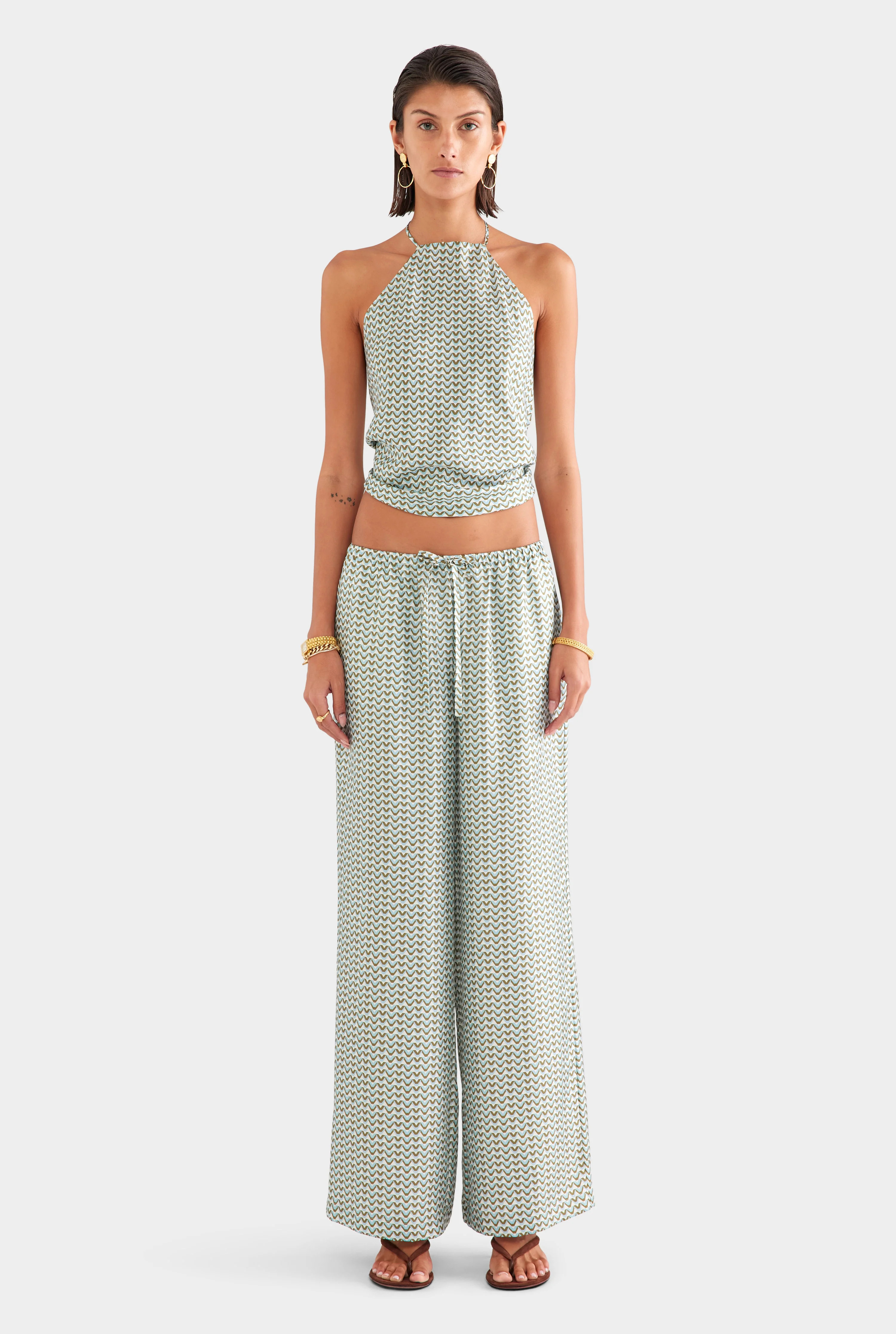 Womens Relaxed Silk Drawstring Pant Cream/Blue/Olive V Monogram | Venroy | Venroy AU