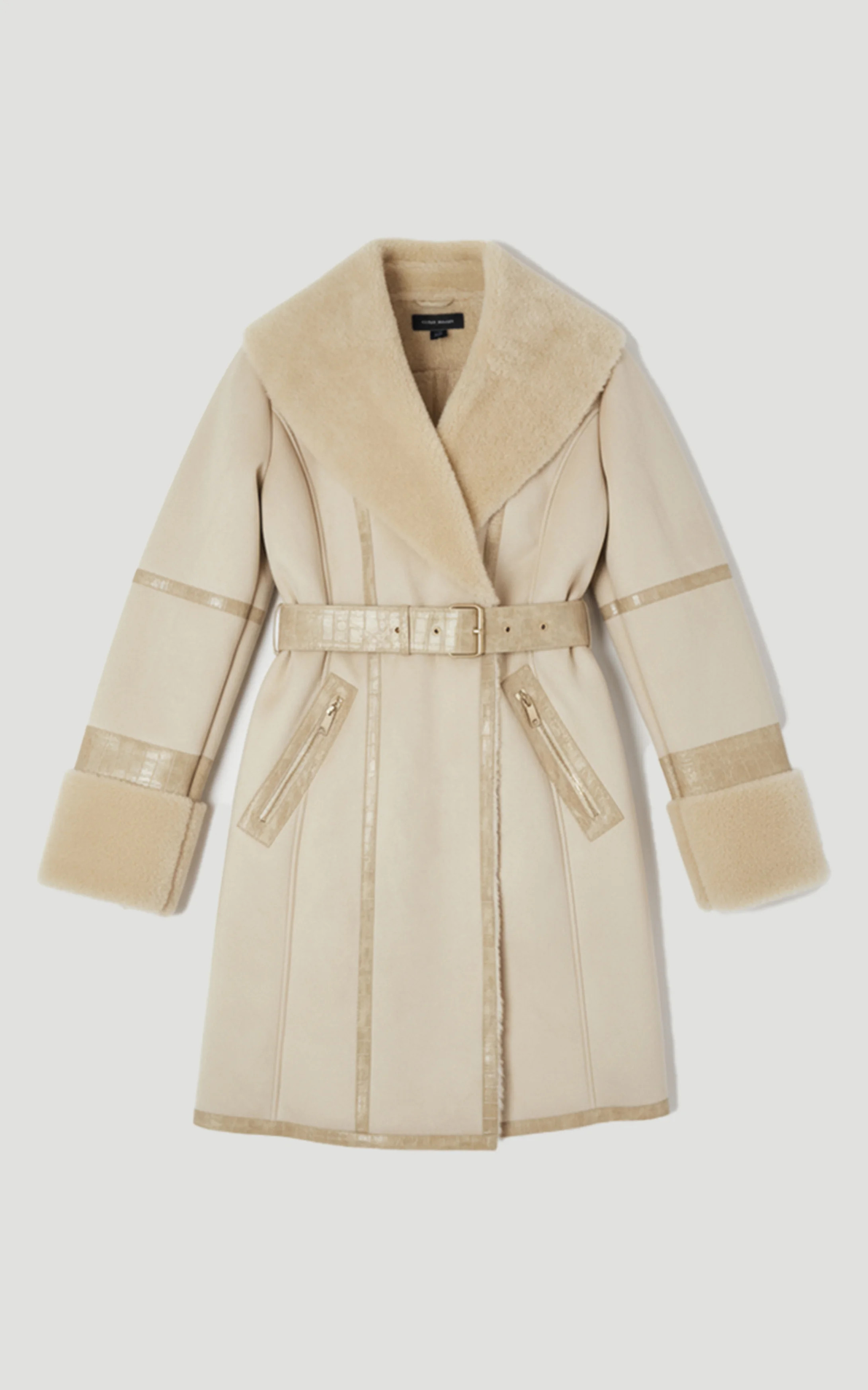Faux Shearling Snake Tipped Belted Short Cuff and Collar Coat | Karen Millen US