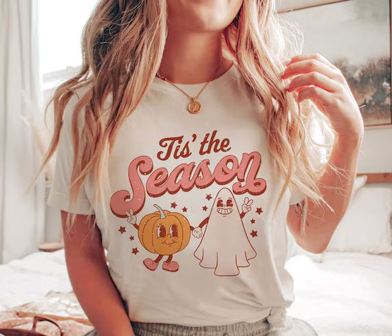 Cute Fall Graphic Tee, Women's Halloween Shirt, cute Ghost Pumpkin Shirt, Retro Boho Fall Shirt, ... | Etsy (US)