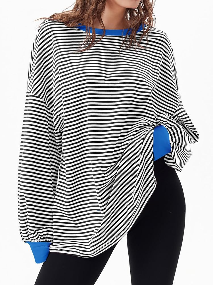 Tankaneo Womens Oversized Long Sleeve T Shirts Striped Color Block Cotton Tunic Tops Loose Fit Fa... | Amazon (US)