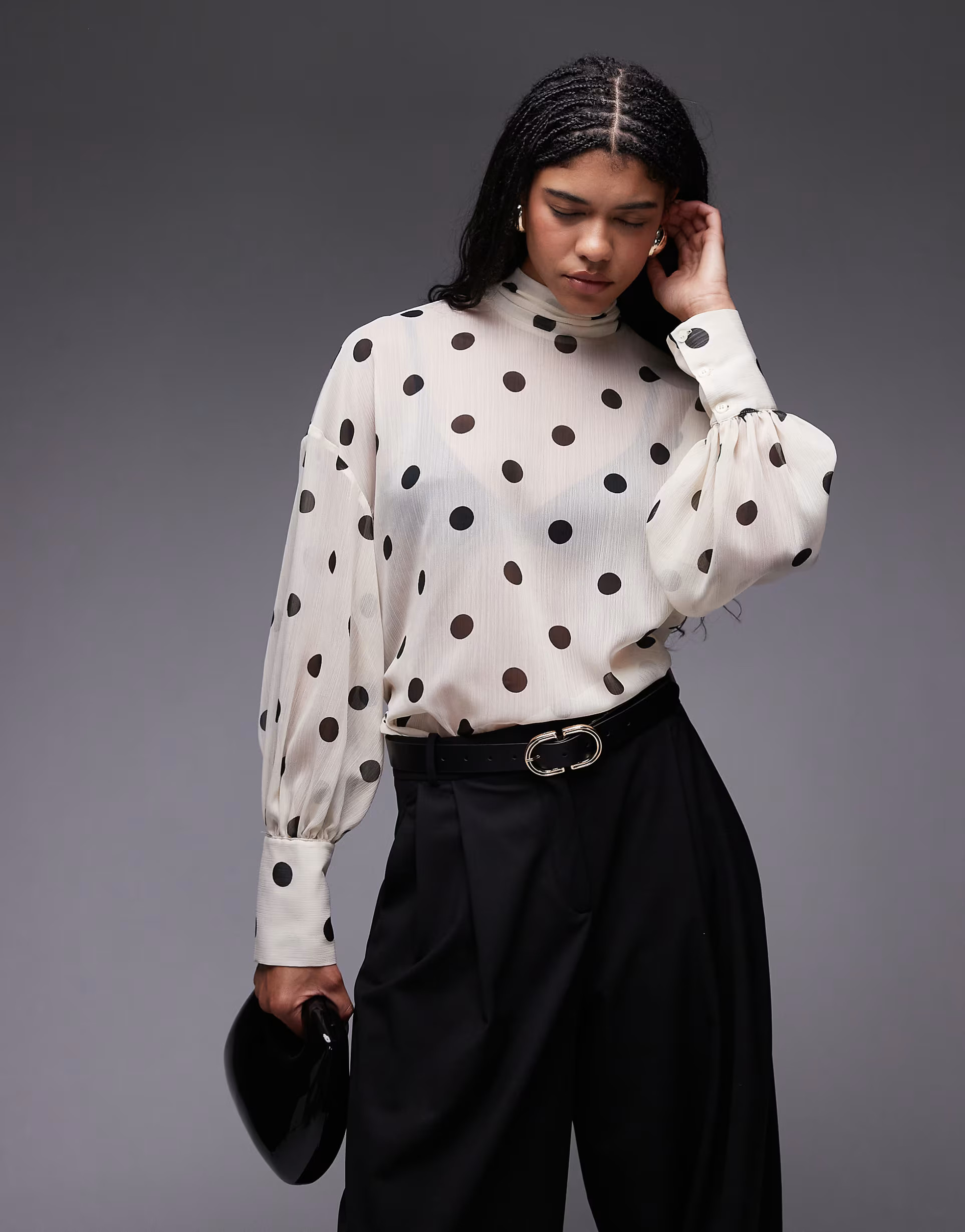 ASOS DESIGN chiffon funnel neck volume sleeve blouse in polka dot | ASOS (Global)