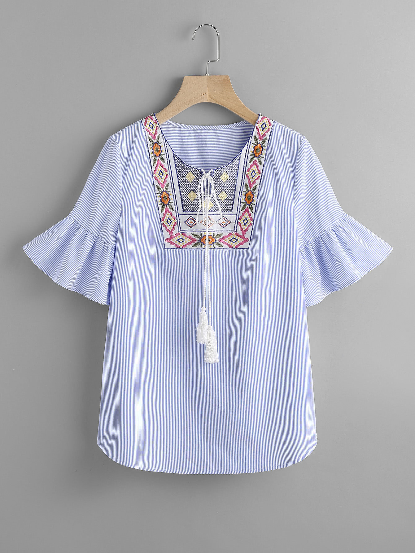 Tasseled Tie Embroidered Yoke Fluted Sleeve Top | SHEIN
