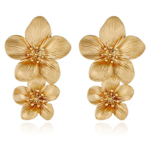 Gold Flower Earrings Double Flower Statement Earring for Women, Large Gold Floral Earrings for Women Boho Jewelry Gift | Amazon (US)