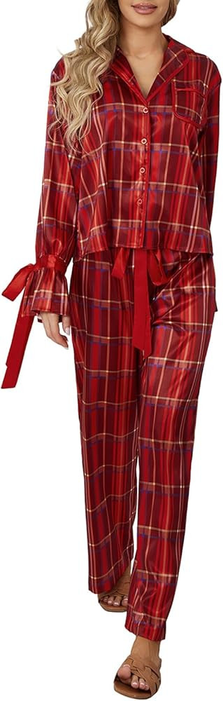 Christmas Pajamas for Women Plaid Print Bow Tie Long Sleeve Shirt Pants Satin Silk 2 Piece Pjs Se... | Amazon (US)