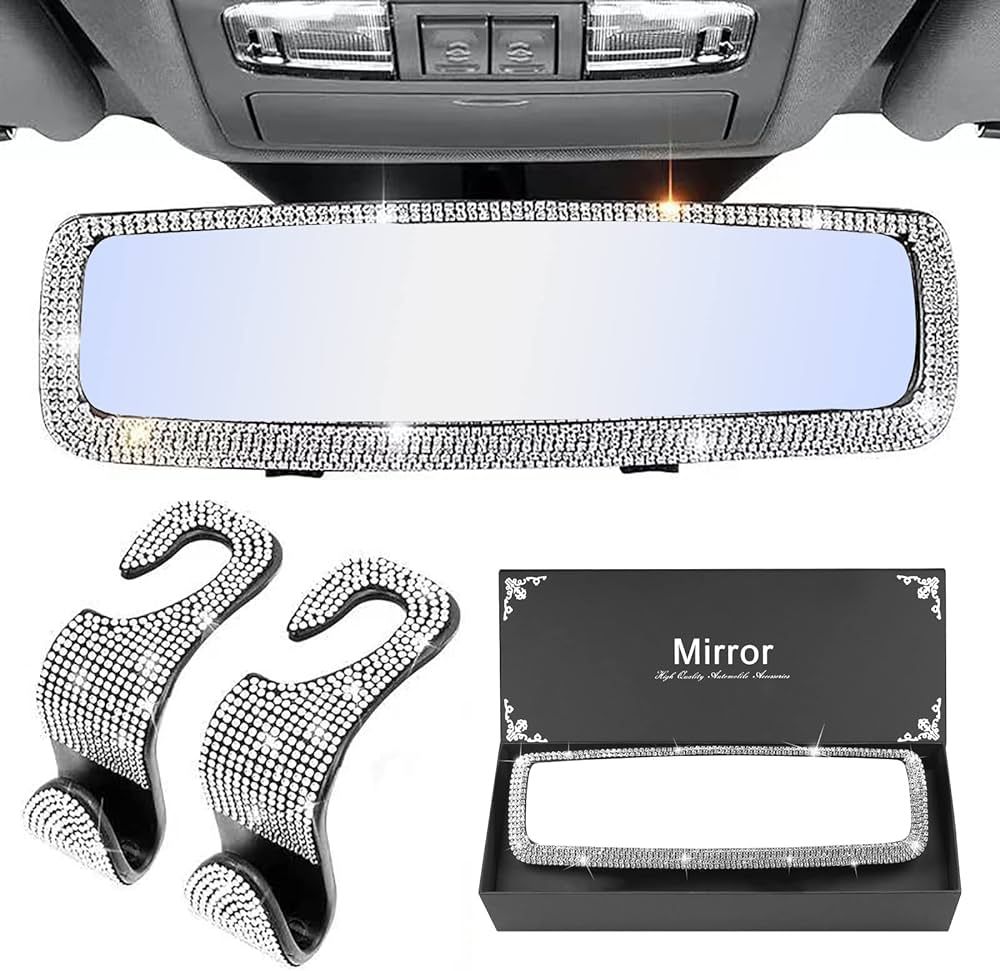 Bling Rear View Mirror & Bling Car Hooks, Crystal Mirror for Car with Crystal Diamonds, Bling Car... | Amazon (US)
