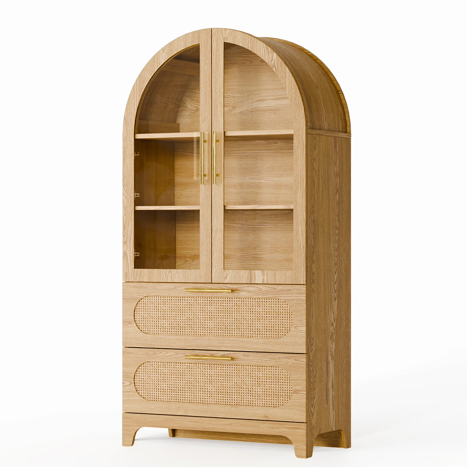 Modern Arched Storage Cabinet With Rattan Drawers And Glass Doors, 3-Tier Display Hutch With 2 La... | Wayfair North America
