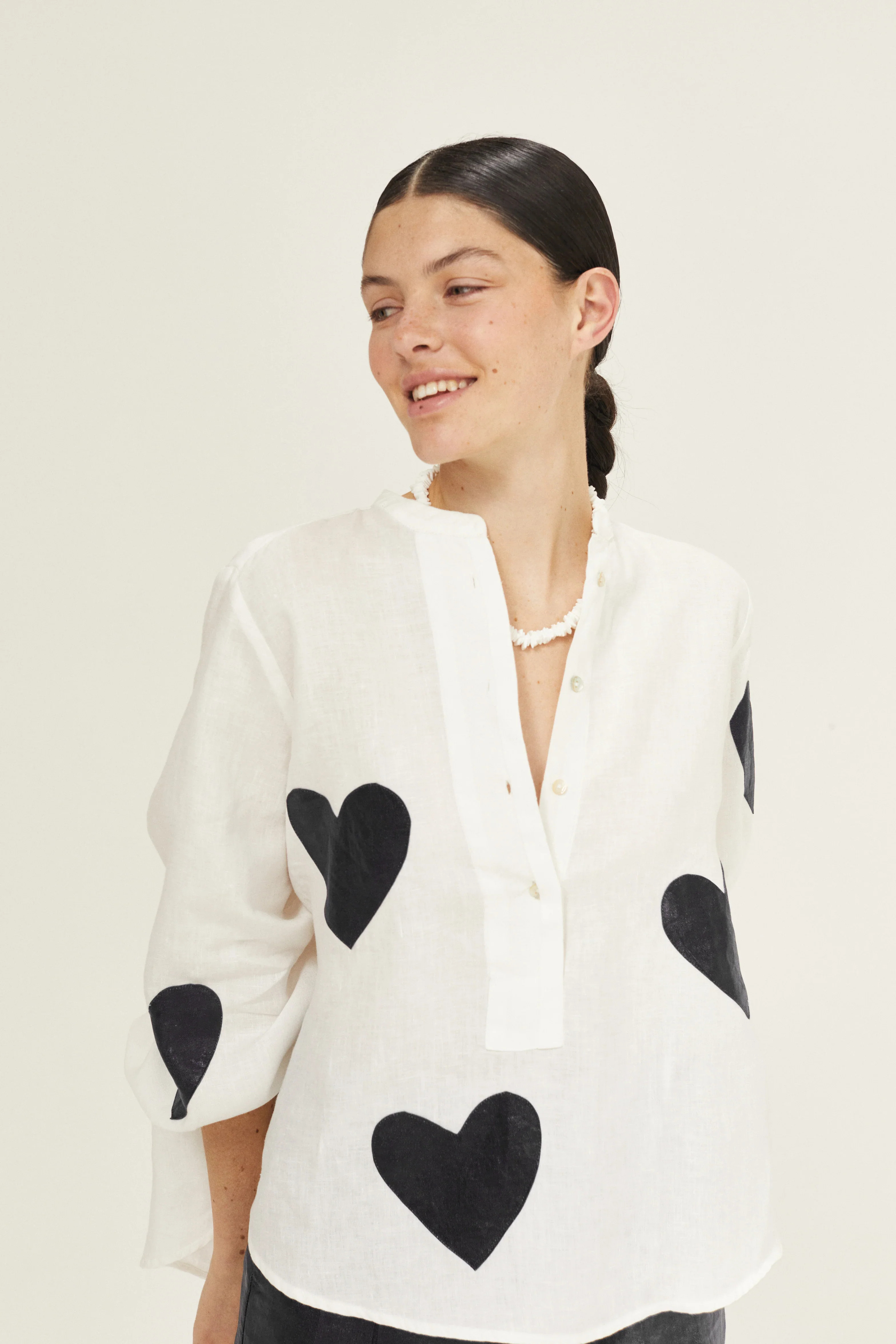 Cupid Linen Shirt - Off-White with Metallic Black Hearts | Lanhtropy