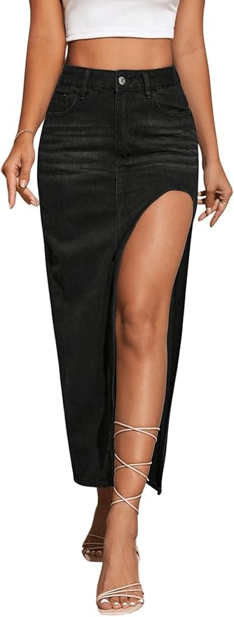 SweatyRocks Women's High Waist Split Thigh Maxi Denim Skirt Casual Zip Up Jean Skirts with Pocket... | Amazon (US)
