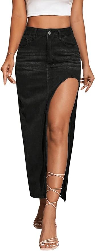 SweatyRocks Women's High Waist Split Thigh Maxi Denim Skirt Casual Zip Up Jean Skirts with Pocket... | Amazon (US)