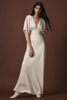 BHLDN Amelia Deep-V Flutter-Sleeve Satin A-Line Gown | Anthropologie (US)