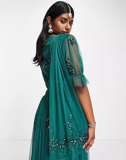 Maya v embellished lehenga crop top, scarf and maxi skirt set in emerald green | ASOS (Global)