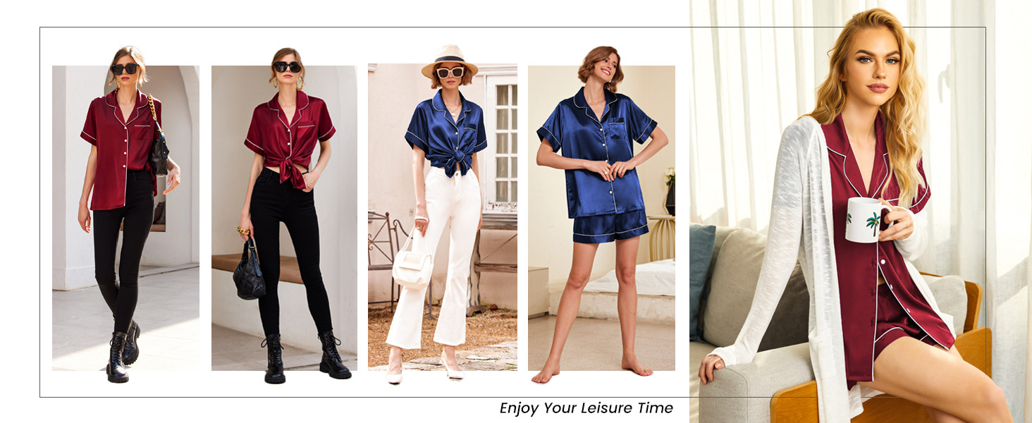 Ekouaer Women's Satin Pajamas Sleepwear Plus Size Shorts Set PJs Short Sleeve Summer Silk Casual ... | Amazon (US)