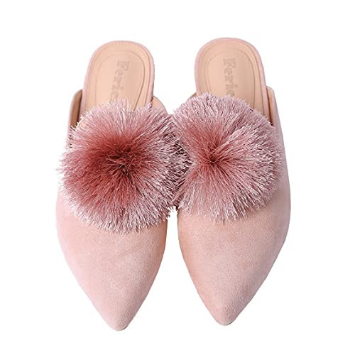 Fericzot Mules for Women,Slip On Backless Loafers Flats Puff Pompom Pointed Toe Casual Shoes Slippers Pink 7.5 | Amazon (US)