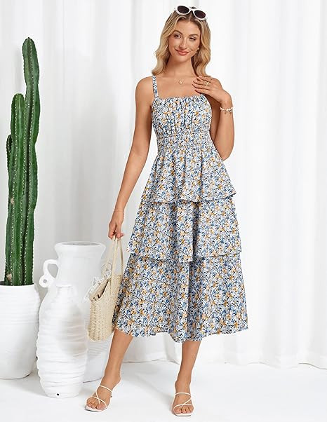 GRACE KARIN Women Summer Maxi Dress Floral Sleeveless Smocked Tiered Ruffle Spaghetti Strap Boho ... | Amazon (US)