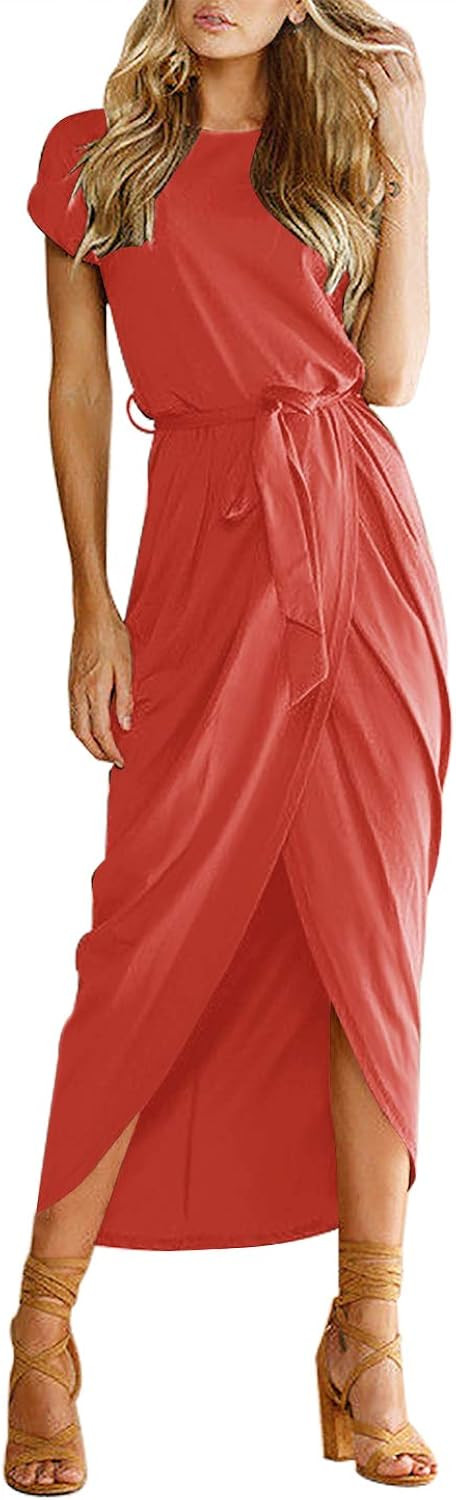 Yidarton Women's Casual Short Sleeve Slit Solid Party Summer Long Maxi Dress | Amazon (US)