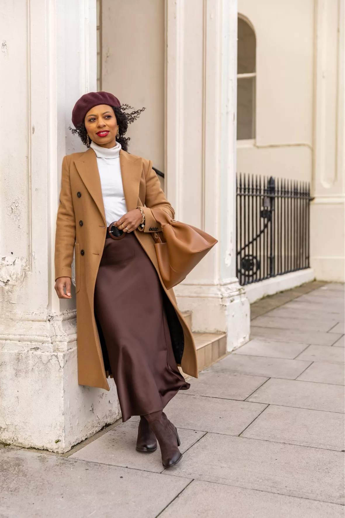 brown skirt winter outfit