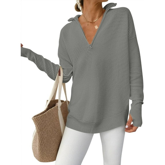 Luniro Women Quarter Zip Sweaters Long Sleeve Casual Ribbed Knit Pullover Sweater Fall Trendy Top... | Walmart (US)