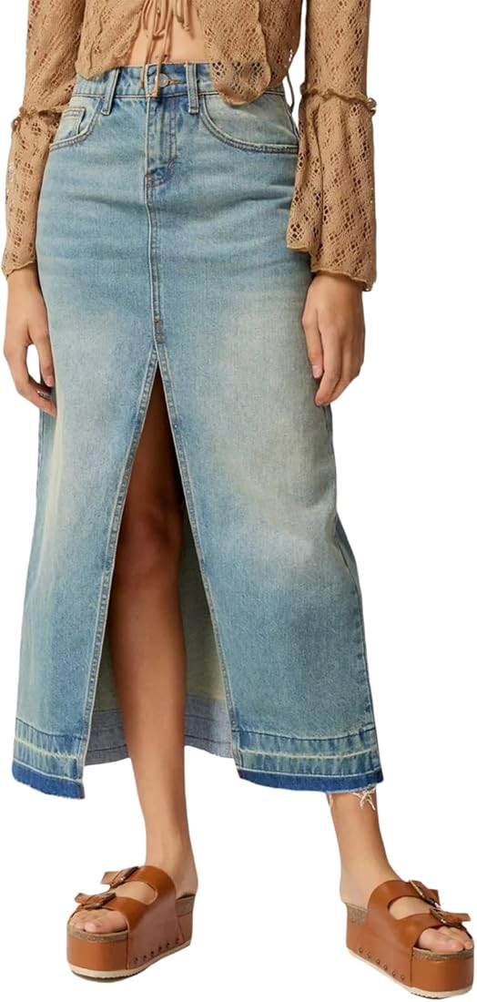 Long Denim Skirt for Women High Waist Split Front Jean Skirt Casual Loose A Line Midi Skirt | Amazon (US)