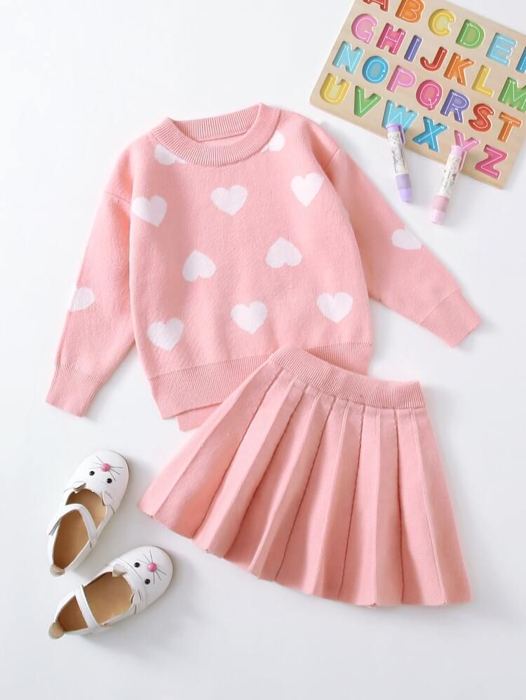 Toddler Girls Heart Pattern Sweater & Pleated Knit Skirt | SHEIN