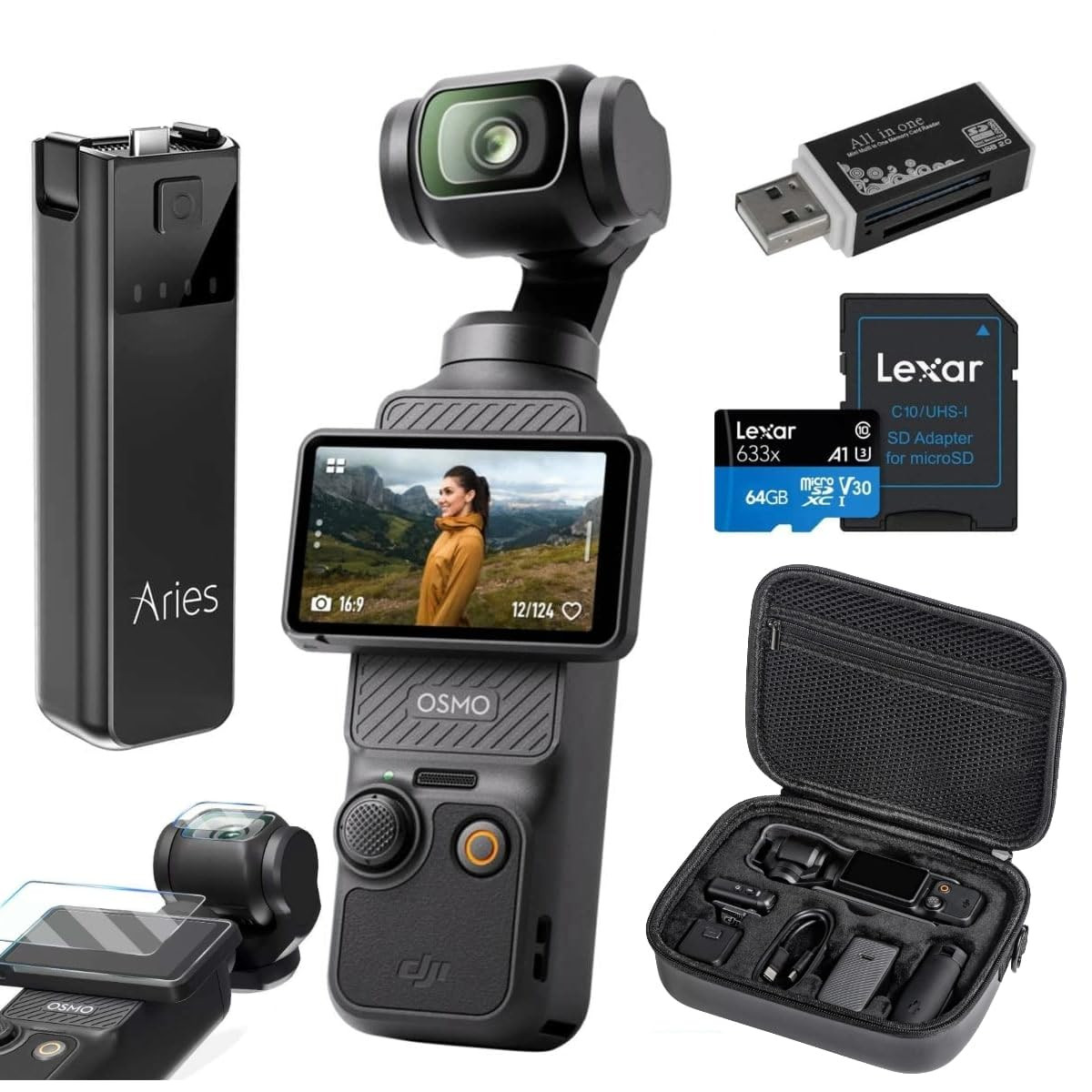 DJI Osmo Pocket 3 Gimbal Camera, Bundle with Power Bank, Carry Case, Screen Protector, 64GB Memory Card & Card Reader | Amazon (US)