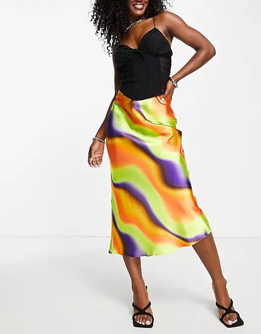 ASOS DESIGN satin bias midi skirt in bright tie dye print | ASOS | ASOS (Global)