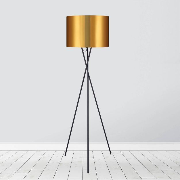 62.25" Kona Mid-Century Modern Tripod Floor Lamp with Drum Shade Gold/Black - Teamson Home | Target