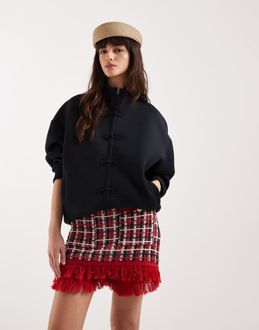 ASOS DESIGN funnel neck zip up jacket with mandarin button detail in black | ASOS (Global)