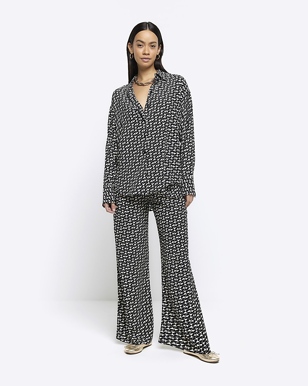 Black crepe geometric oversized shirt | River Island (UK & IE)