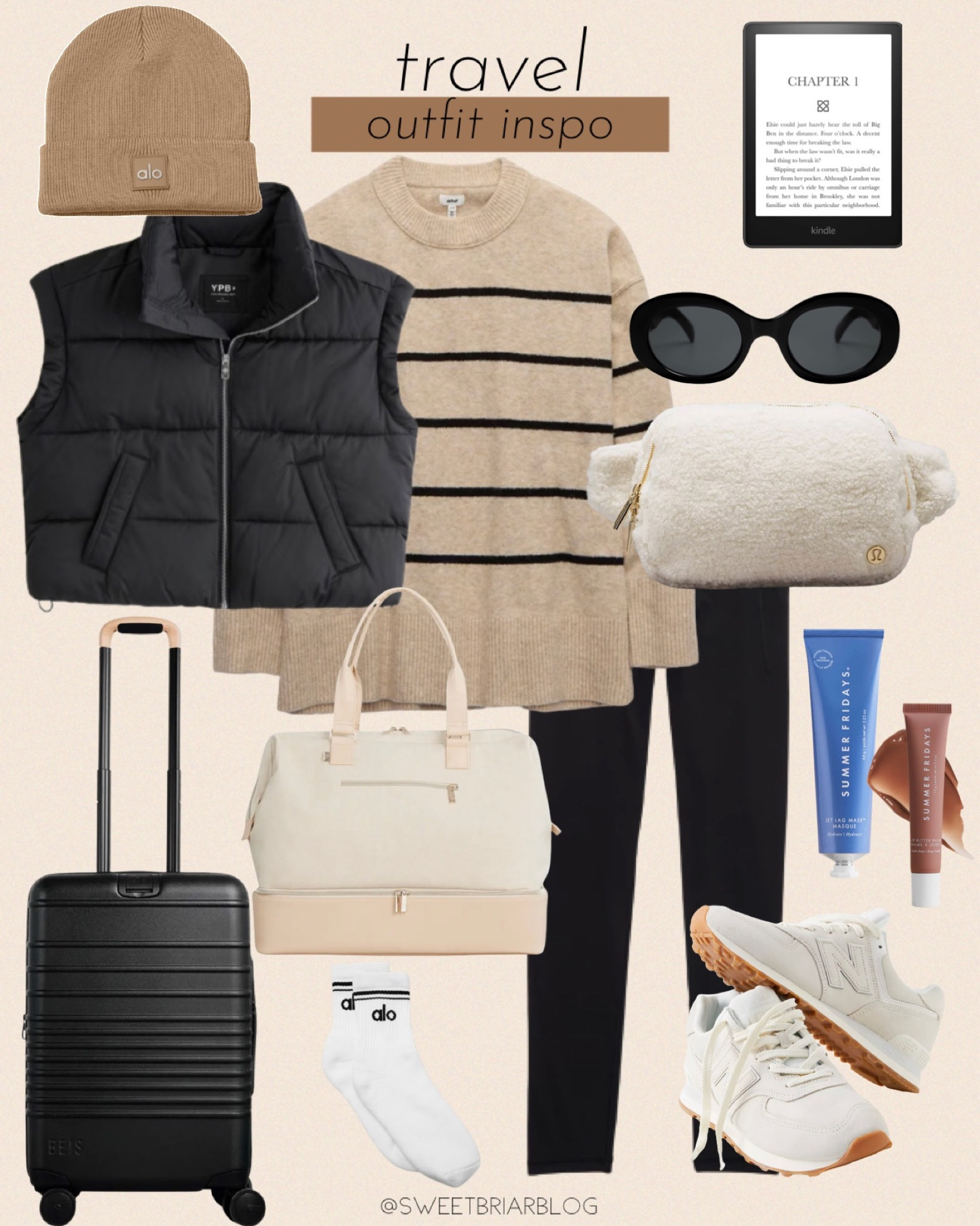 holiday travel outfit inspiration // outfits for traveling // weekend getaway look // casual look // Beis luggage // new balance // YPB vest // Lululemon belt bag // aerie unreal sweater // casual outfit Sale 

Sale 

#LTKHoliday #LTKGiftGuide