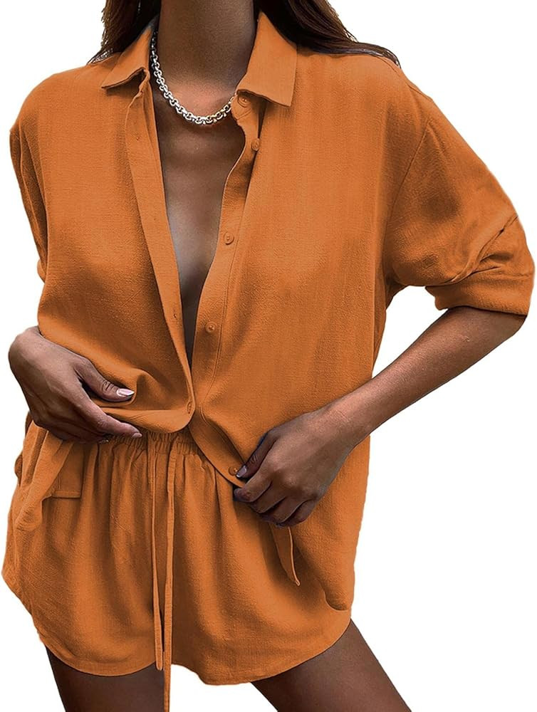 DEEP SELF 2 Piece Outfits for Women Summer Botton Down Long Sleeve Shirt with Shorts Set Casual M... | Amazon (US)