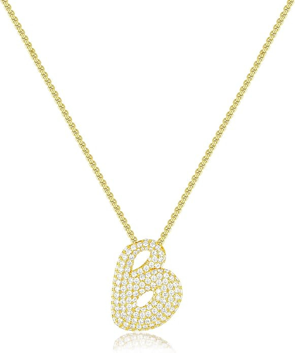 KissYan Bubble Letter Necklace, 14K Gold Plated Balloon Initial Pendant Box Chain Necklace Dainty... | Amazon (US)