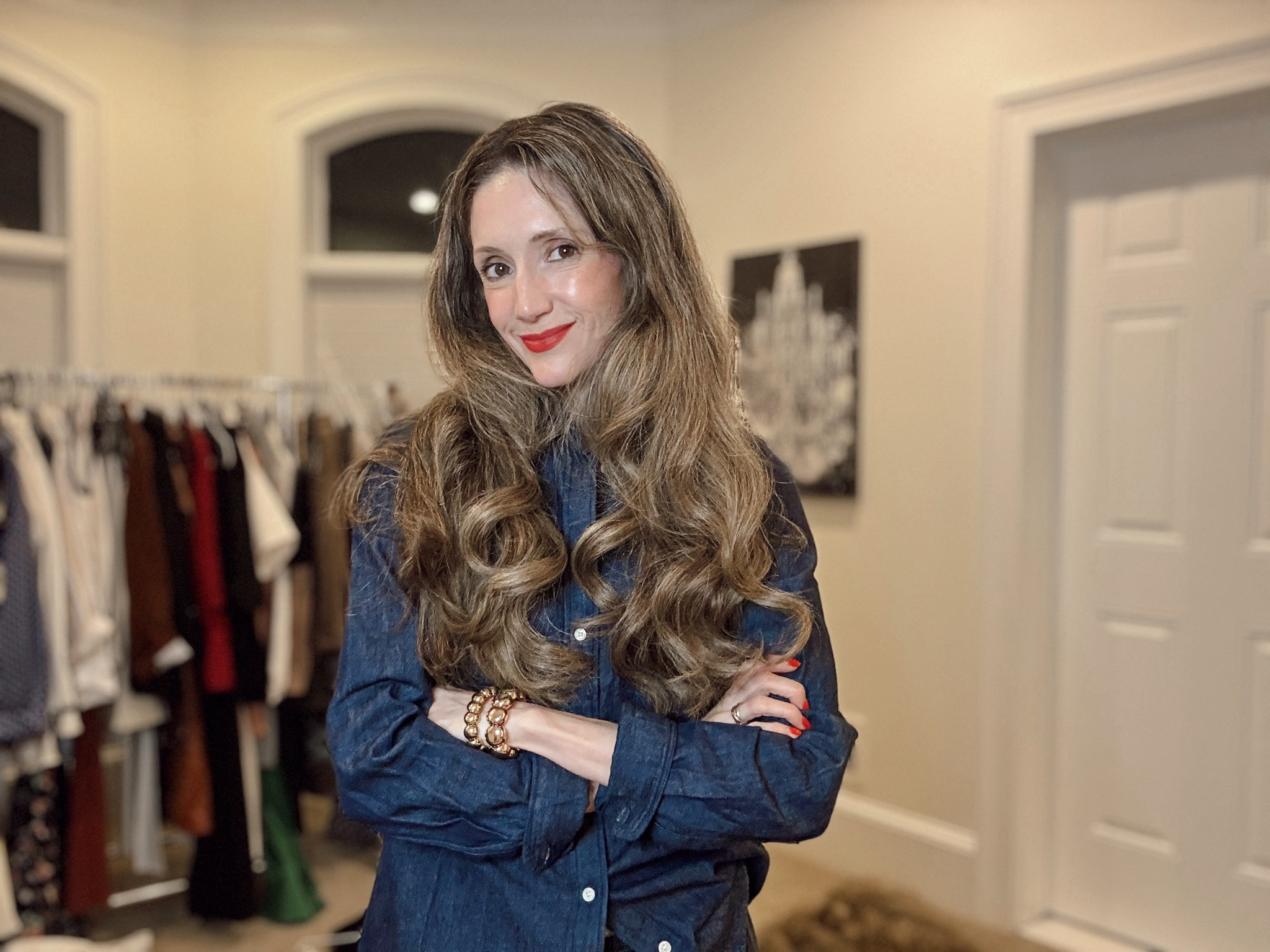 This dark denim button down shirt is incredible! Look instantly polished and dress the most casual outfit! Wearing xs, it’s on sale too!
Also add a mix of metals to your accessories !