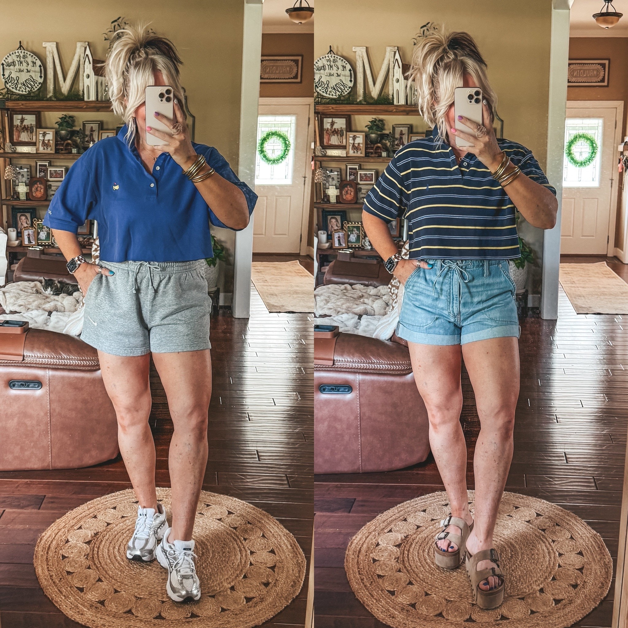 These men’s polos are a XL & L 
Nike shorts M
Denim shorts size 8
Nike sneaks true to size 
Platform sandals true to size 


#LTKOver40 #LTKootd