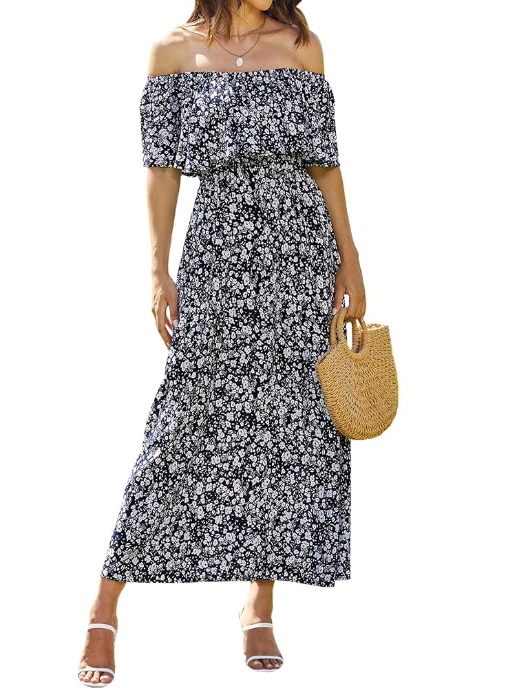 Bluetime Womens Maxi Dress Off Shoulder Floral Print Boho Beach Long Summer Dresses | Amazon (US)
