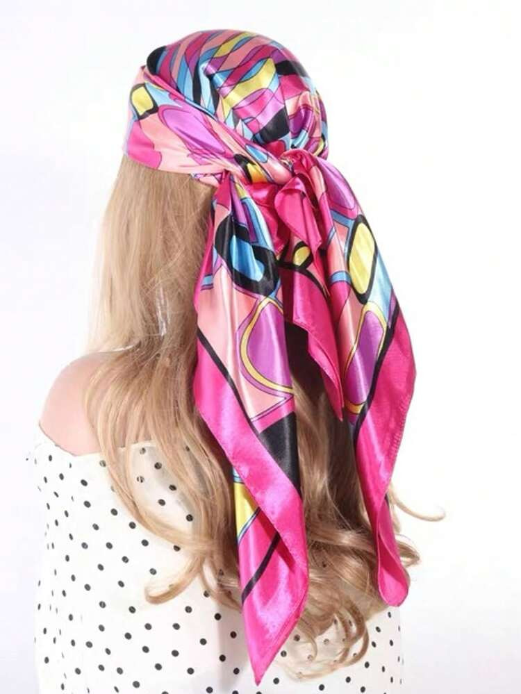 1pc Women's Geometric Pattern Satin Square Scarf, Fashionable Outdoor Headscarf, Valentine's Day Gift | SHEIN