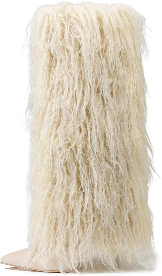 Kalstage Women Fur Knee High Boots Heels Wide Calf Fold Over Tall Boots for Party Evening Fashion... | Amazon (US)