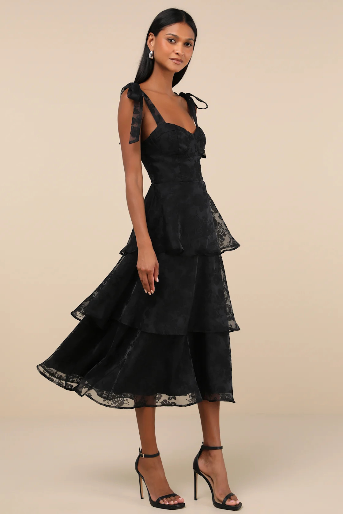 Glamorous Sweetie Black Burnout Tie-Strap Bustier Midi Dress | Lulus